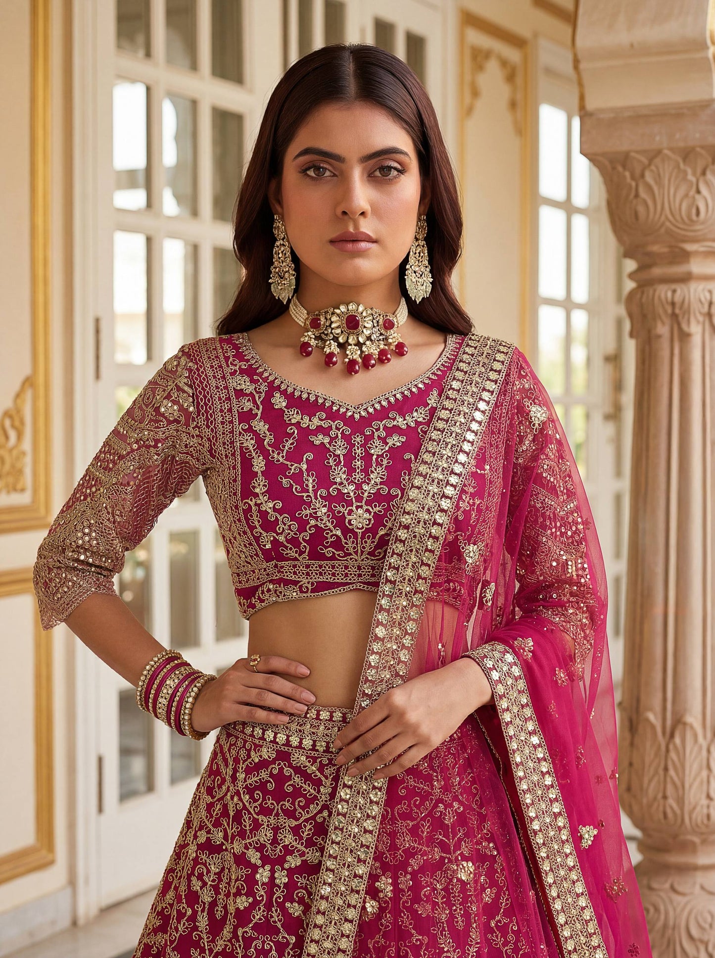 Butterfly Net Sequins and Codding Embroidery Work Lehenga