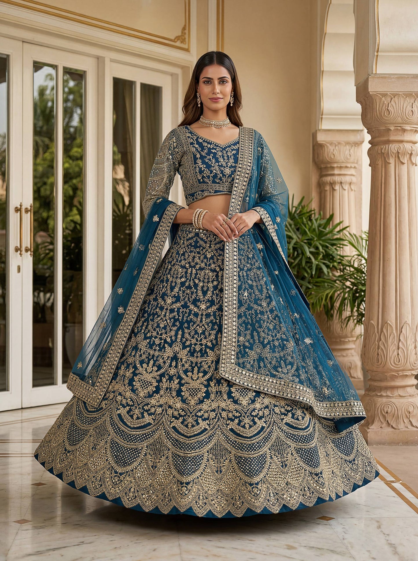 Butterfly Net Sequins and Codding Embroidery Work Lehenga