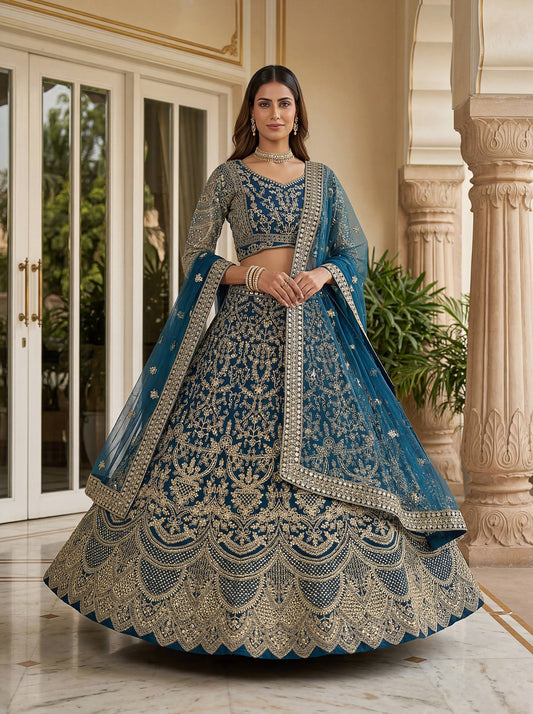 Butterfly Net Sequins and Codding Embroidery Work Lehenga