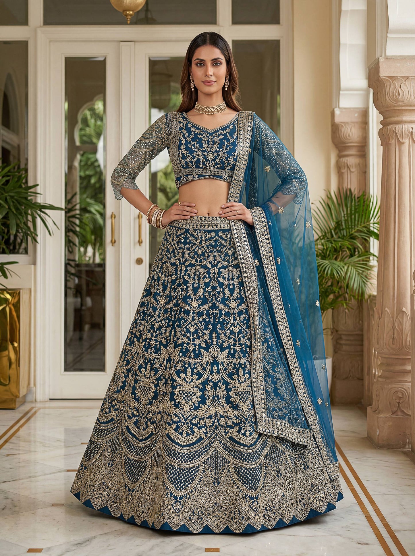 Butterfly Net Sequins and Codding Embroidery Work Lehenga