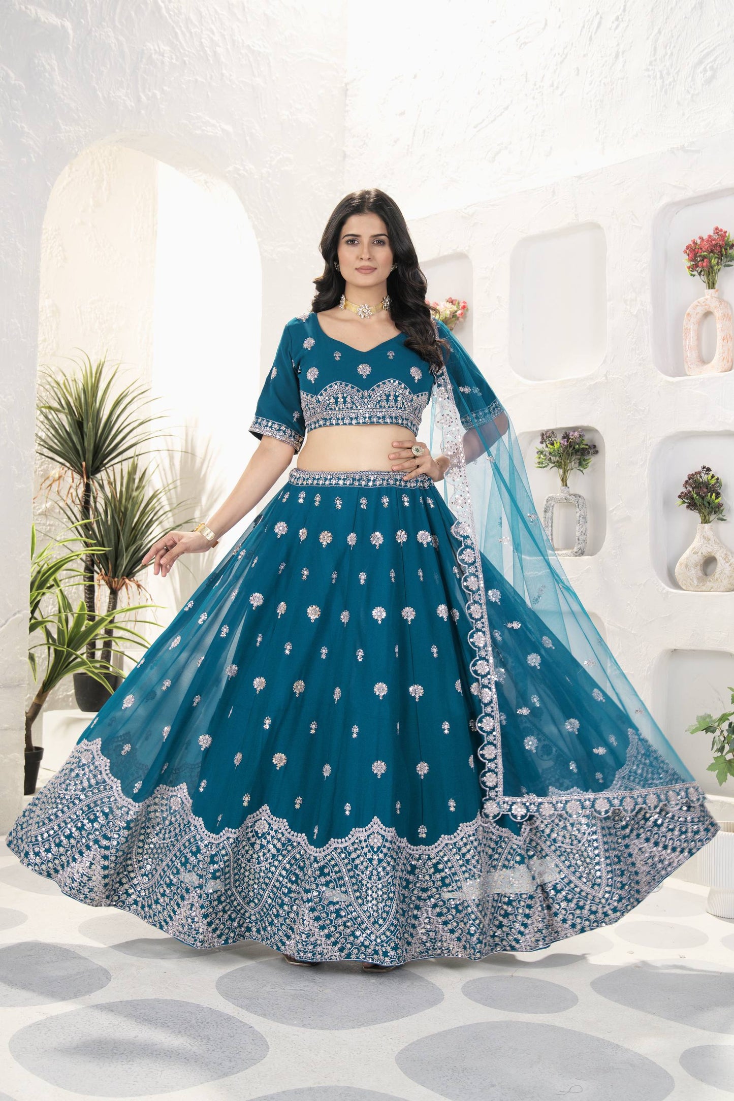 Faux Georgeet Sequins and Embroidery Work Choli