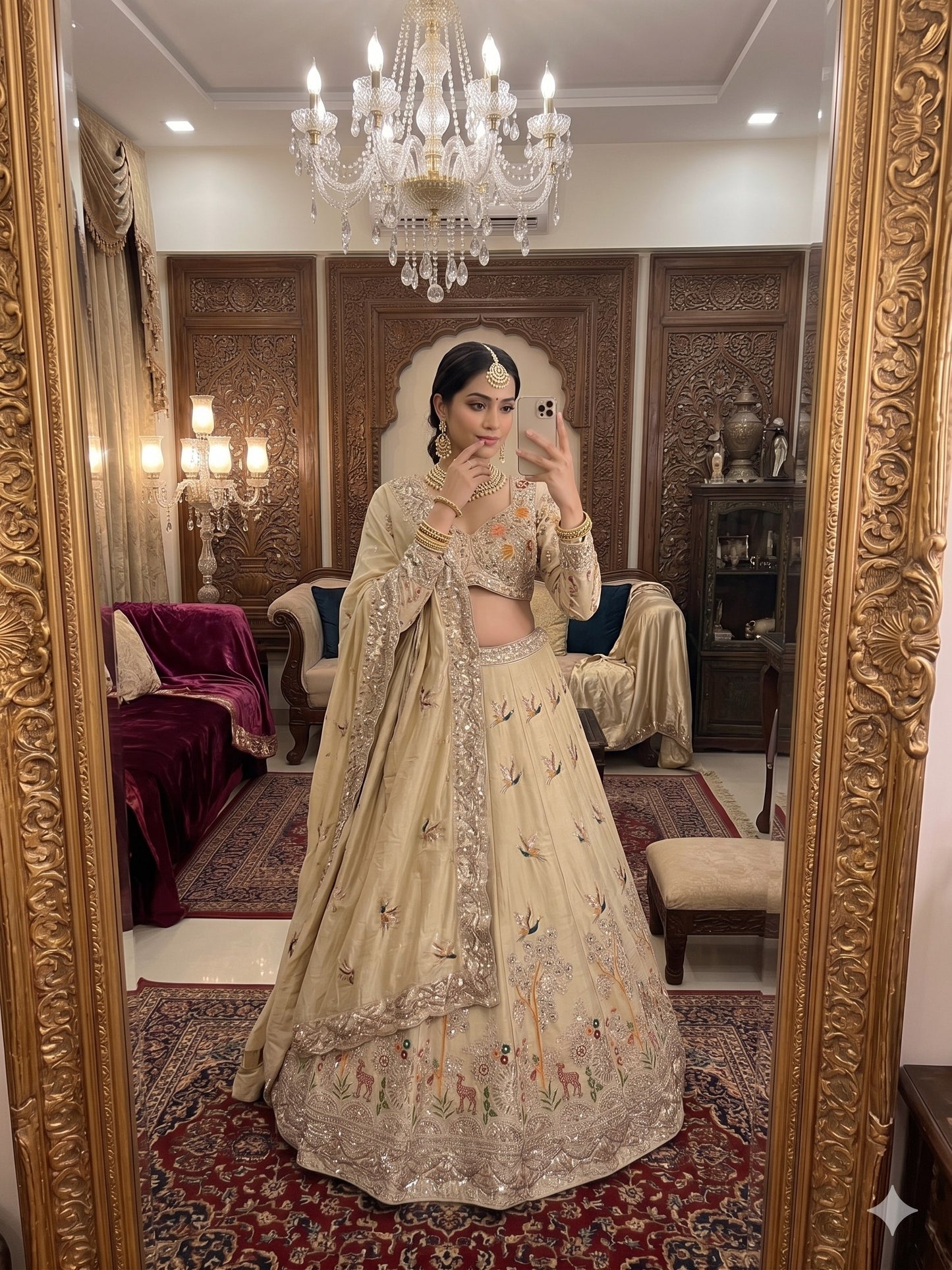 Sehen Sie umwerfend aus in diesem wunderschönen cremefarbenen Lehenga-Set