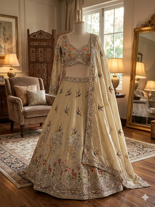 Sehen Sie umwerfend aus in diesem wunderschönen cremefarbenen Lehenga-Set