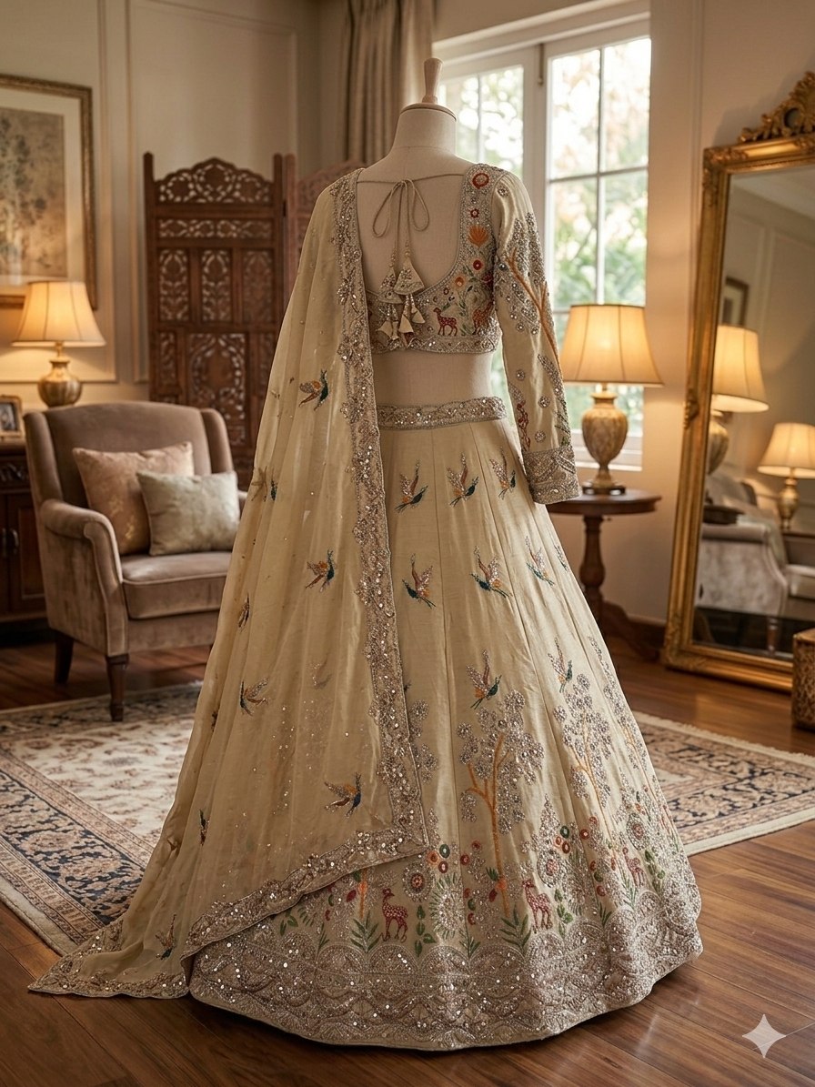 Sehen Sie umwerfend aus in diesem wunderschönen cremefarbenen Lehenga-Set
