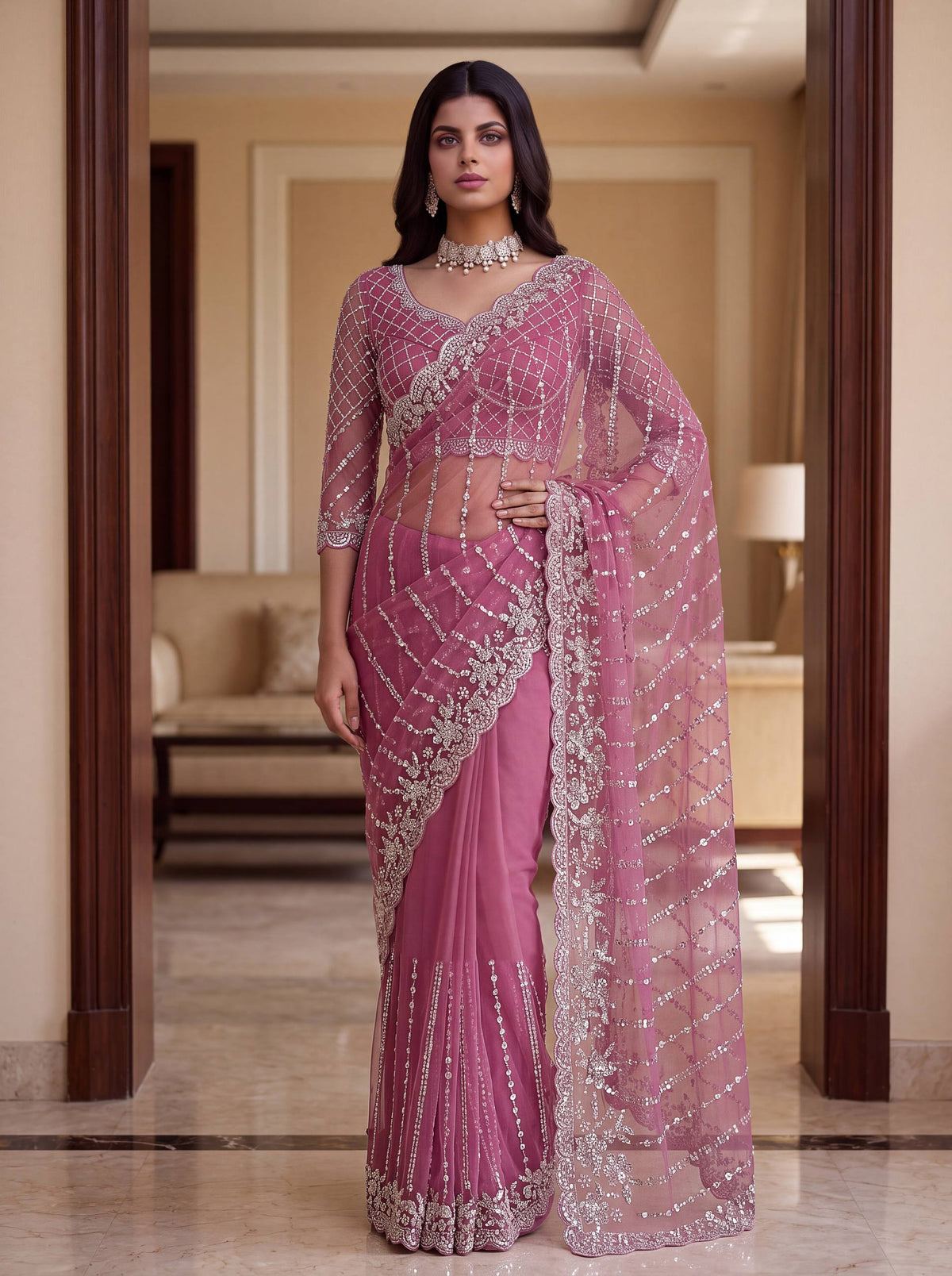 Net Intricately Bidds handwork embroidered saree