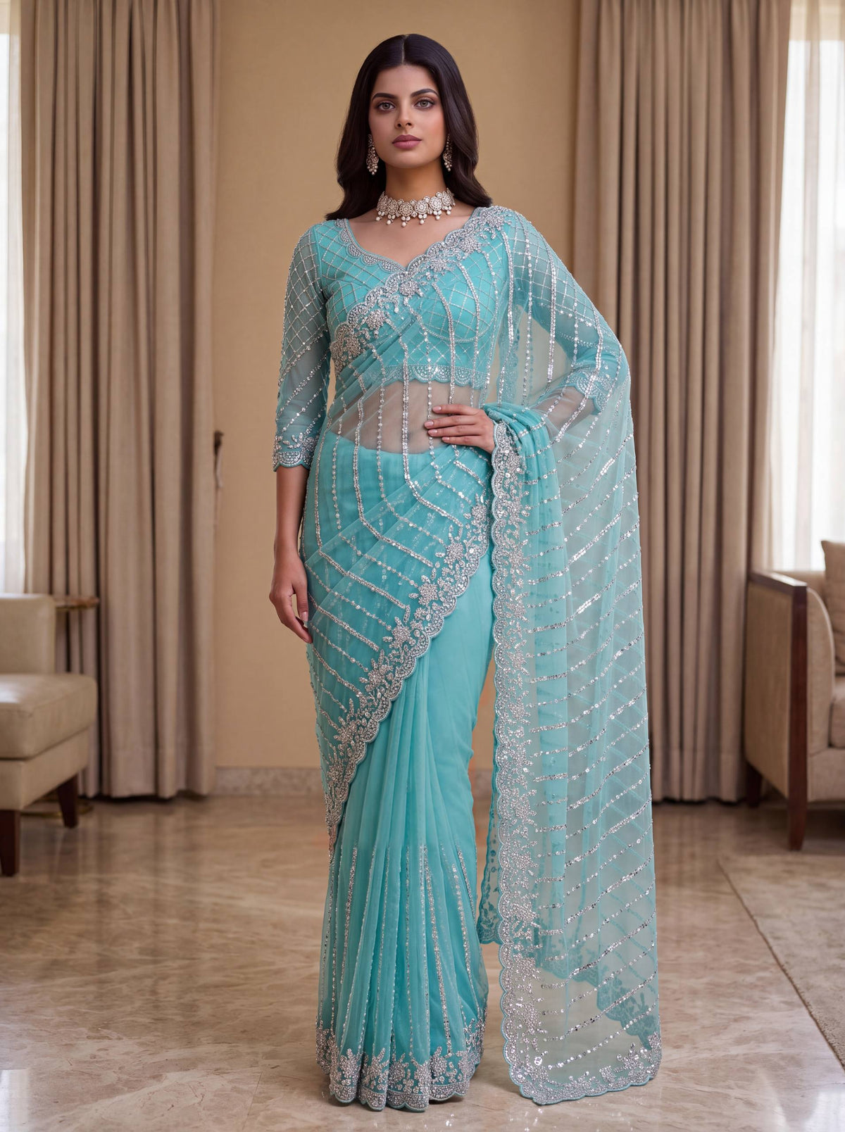 Net Intricately Bidds handwork embroidered saree