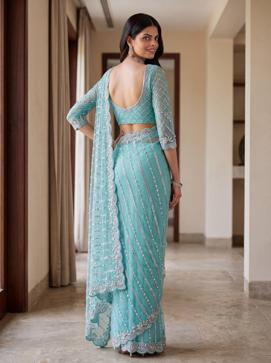 Net Intricately Bidds handwork embroidered saree