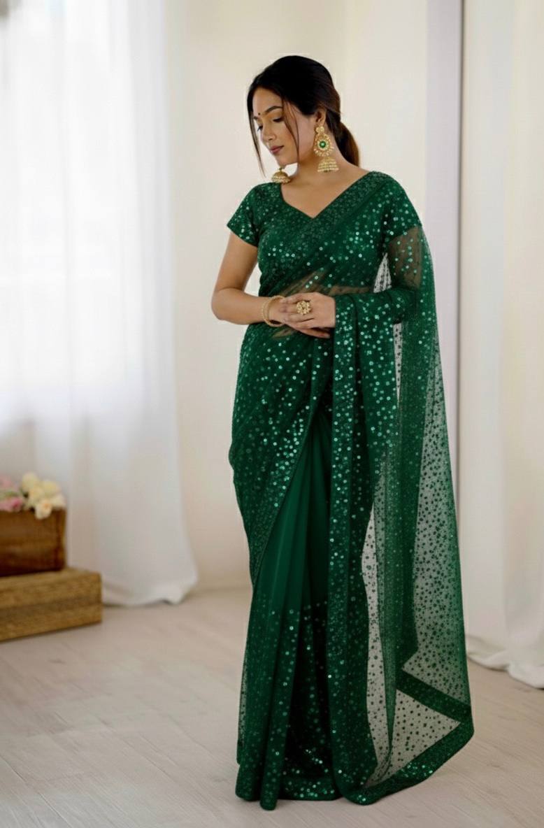Net saree with sequins & dori work saree