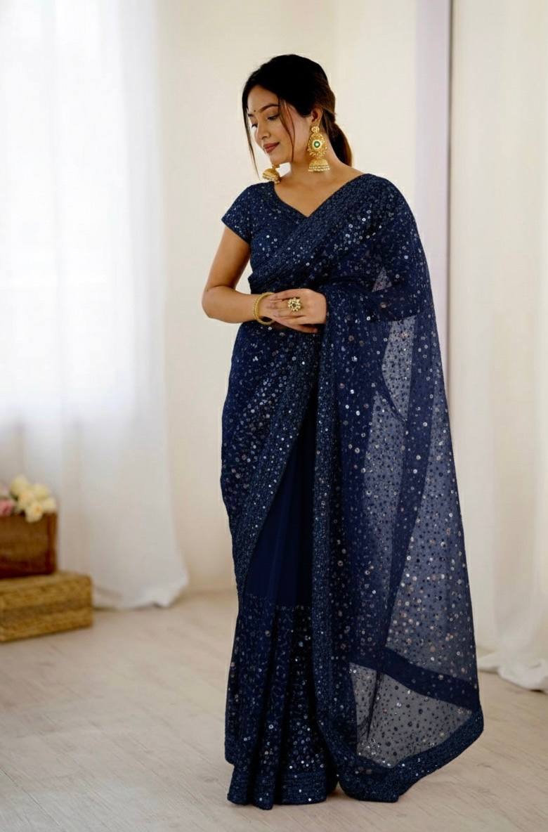 Net saree with sequins & dori work saree