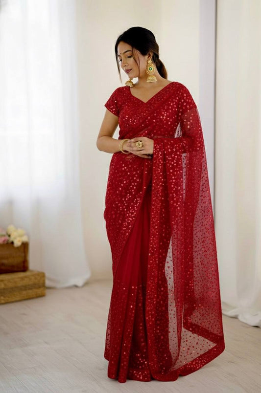 Net saree with sequins & dori work saree