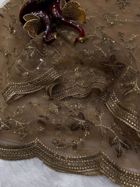 Soft net Beautiful sequins and Zari Embroidery Work Saree