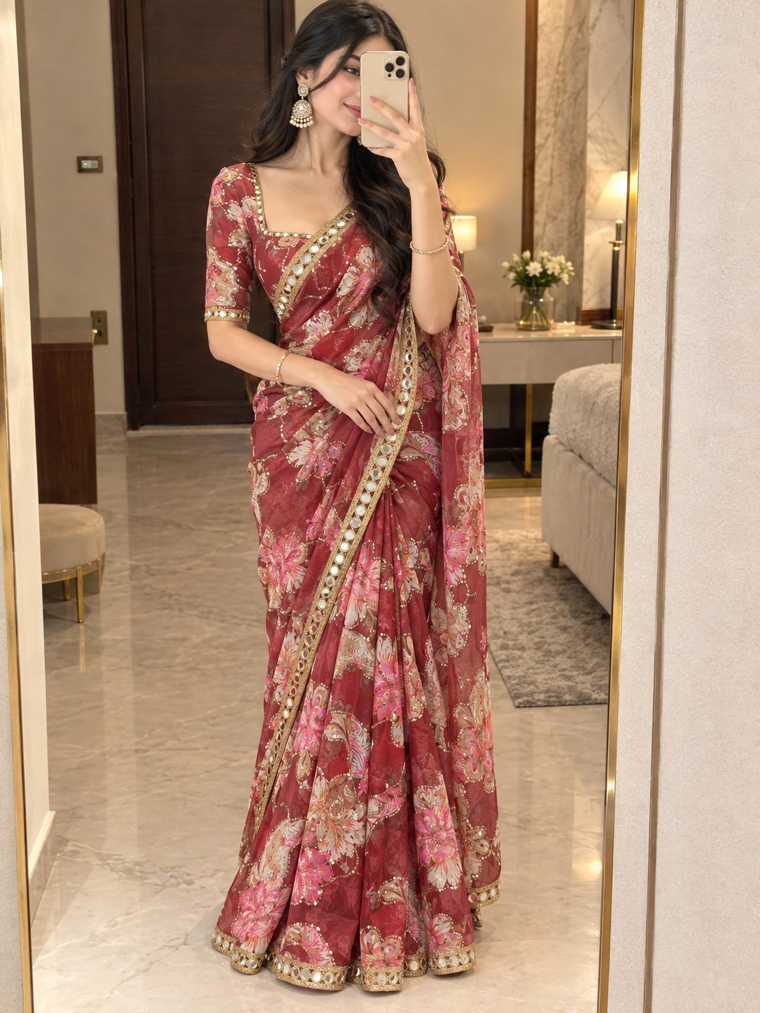 Premium Tabby Silk Embellished With Beautiful Print Saree