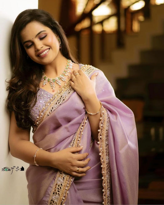 Silver Tissue Silk Designer Embroidery Work Saree