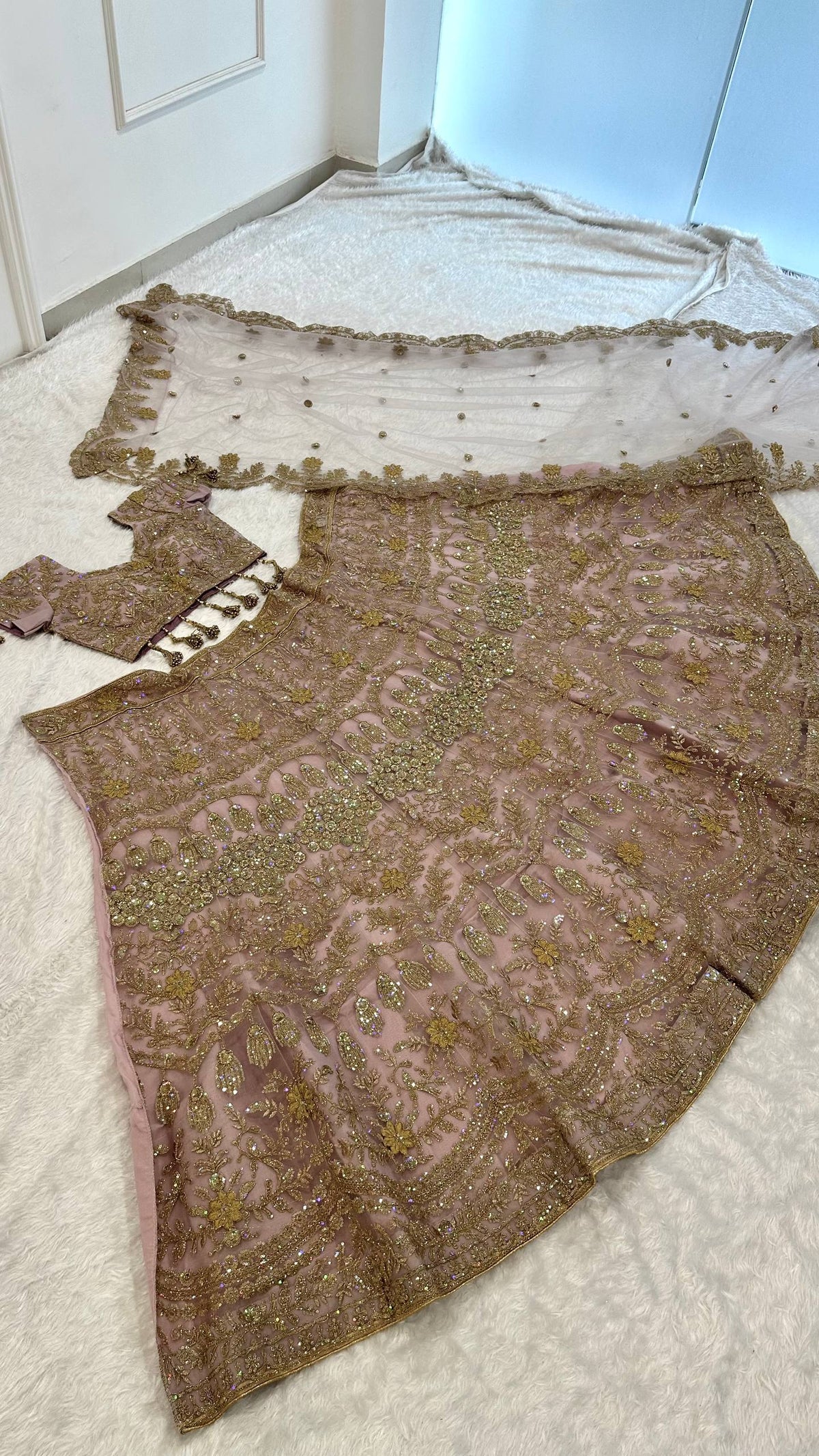Net lehenga with sequins dori & zari thread work choli