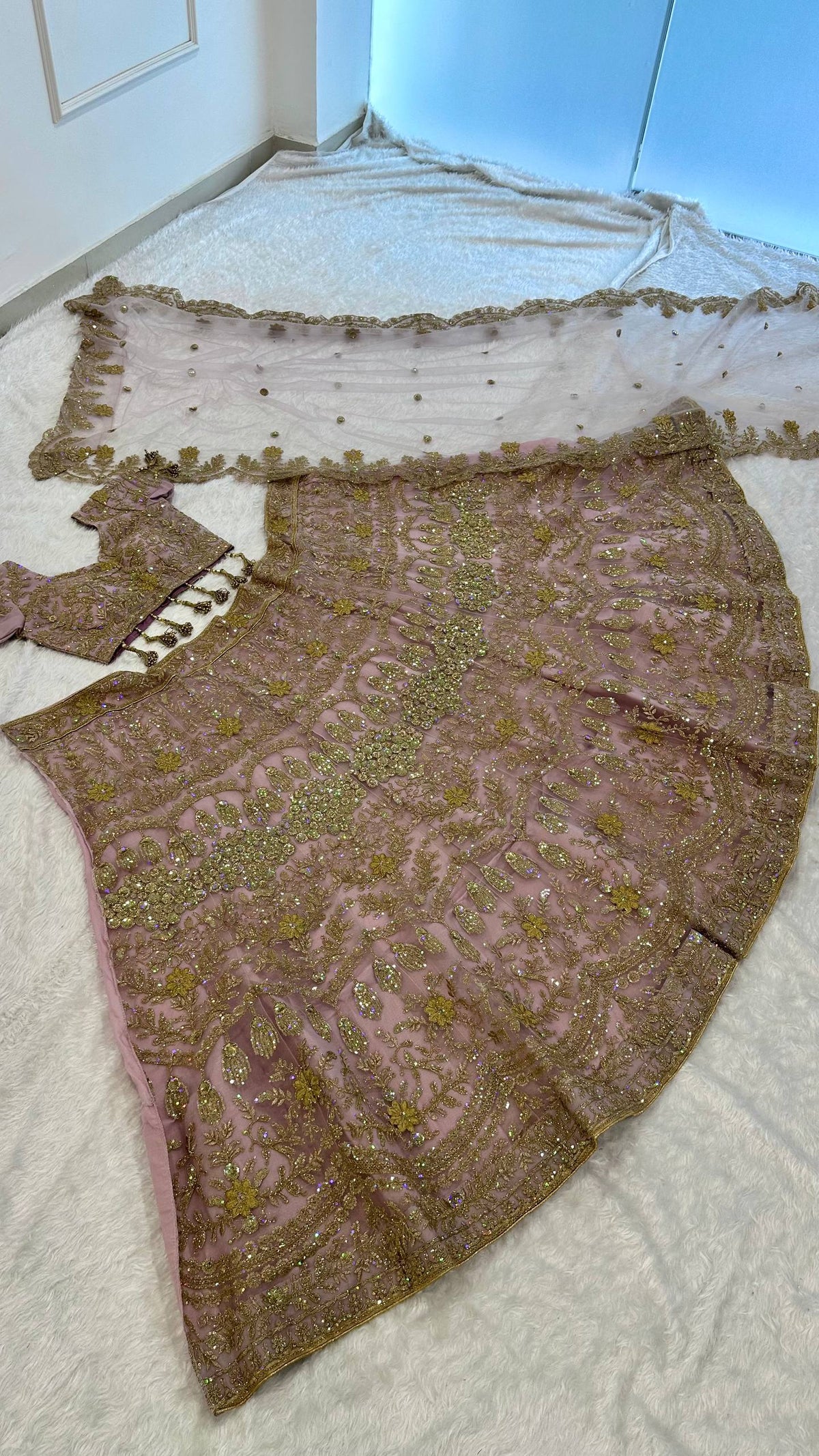 Net lehenga with sequins dori & zari thread work choli