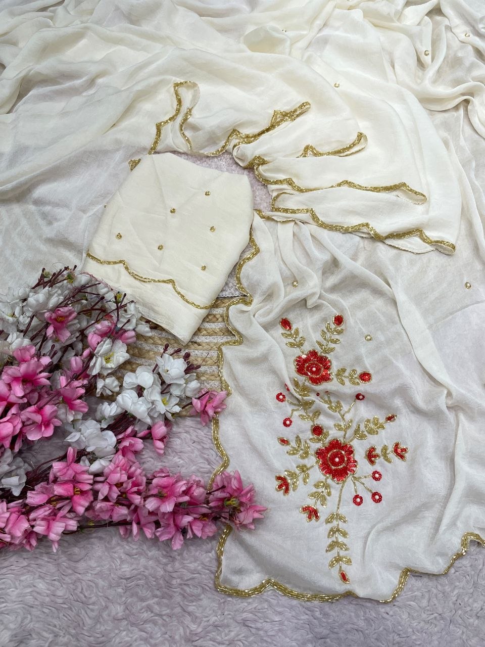 Soft Rangoli karsh cover with three layer cutdana saree