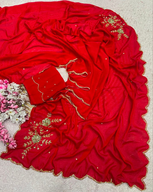 Soft Rangoli karsh cover with three layer cutdana saree