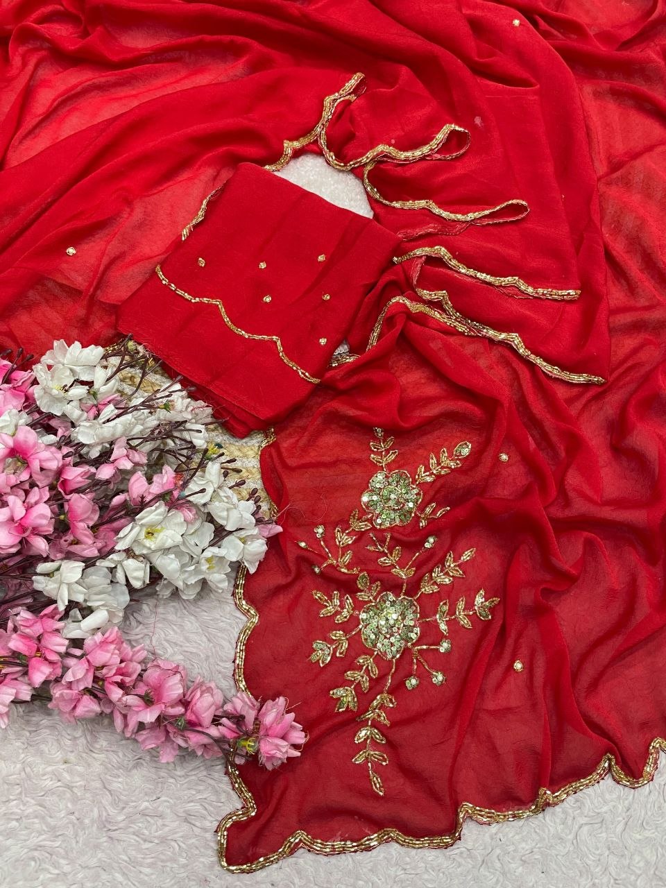 Soft Rangoli karsh cover with three layer cutdana saree