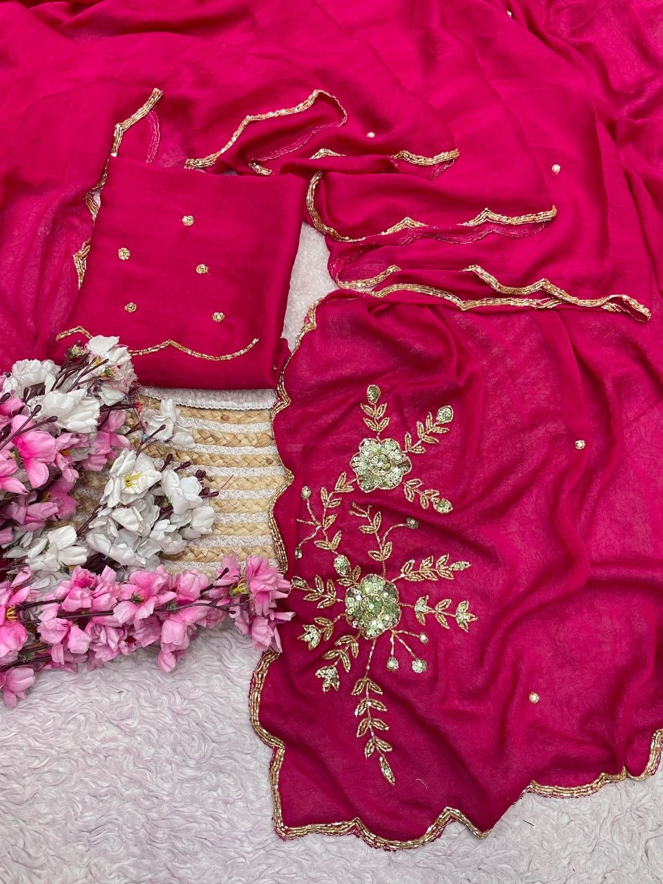 Soft Rangoli karsh cover with three layer cutdana saree
