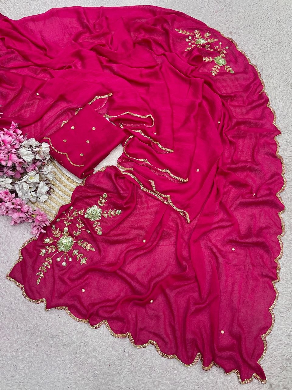 Soft Rangoli karsh cover with three layer cutdana saree