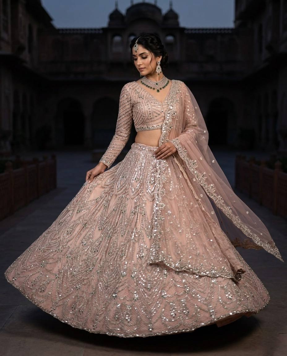 Sehen Sie umwerfend aus in diesem wunderschönen cremefarbenen Lehenga-Set