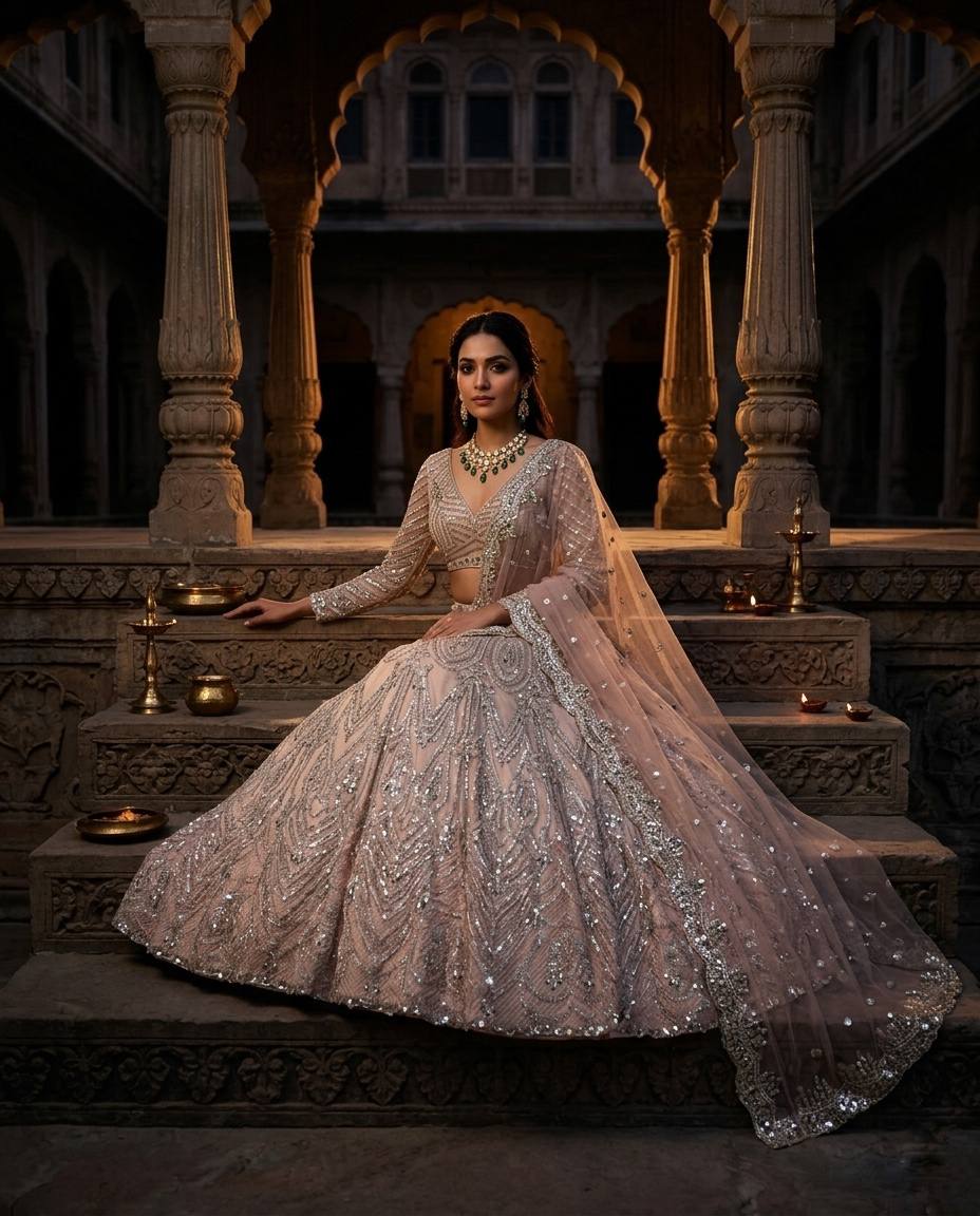 Sehen Sie umwerfend aus in diesem wunderschönen cremefarbenen Lehenga-Set