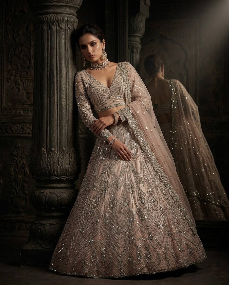 Sehen Sie umwerfend aus in diesem wunderschönen cremefarbenen Lehenga-Set