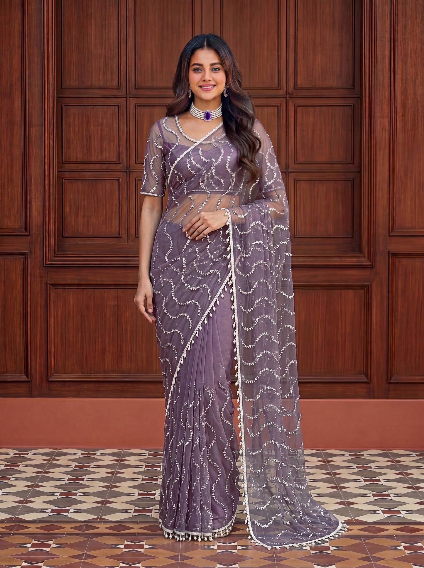 Net Bidds sequence pearls Embroidery Work Saree