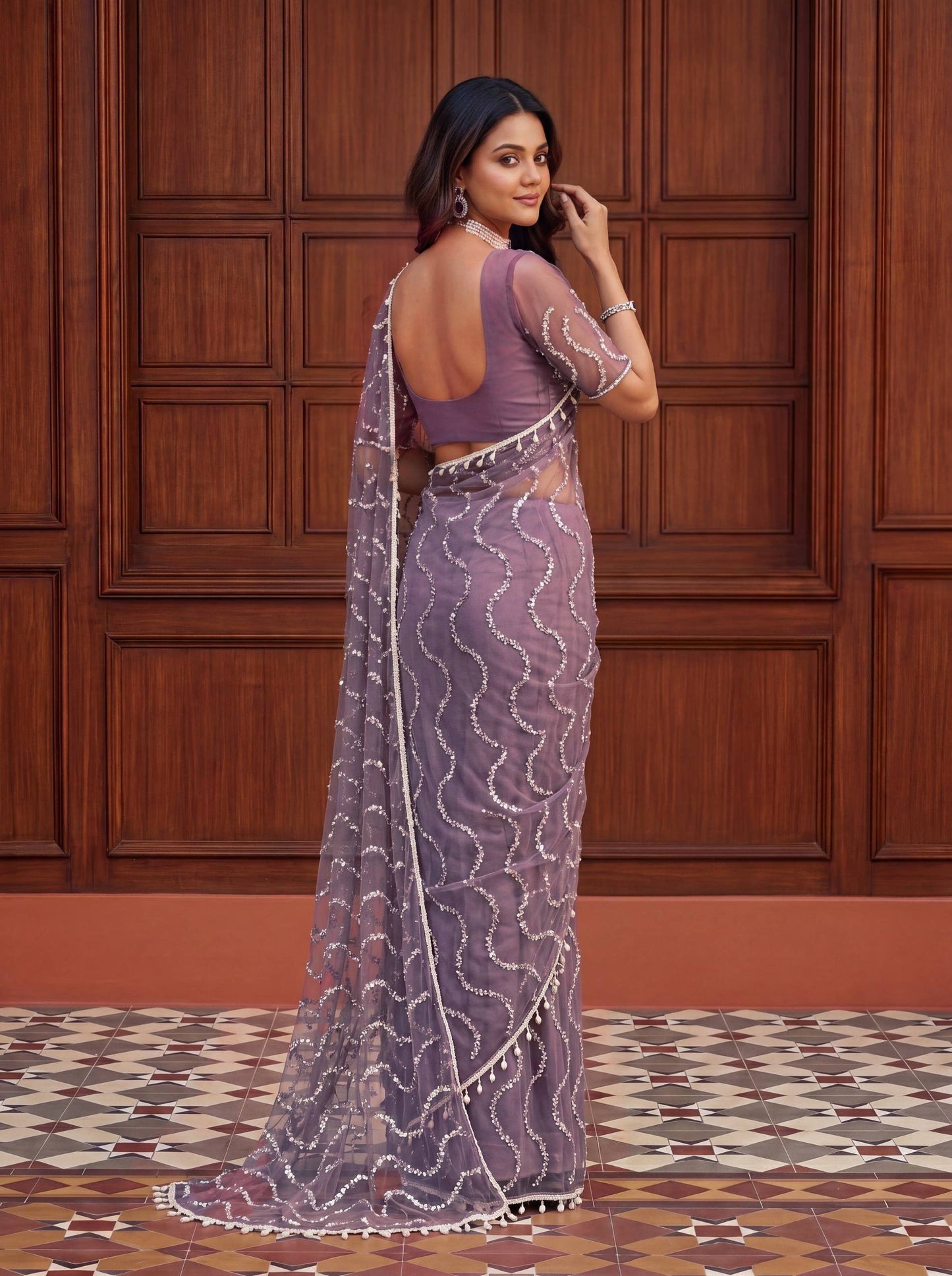 Net Bidds sequence pearls Embroidery Work Saree