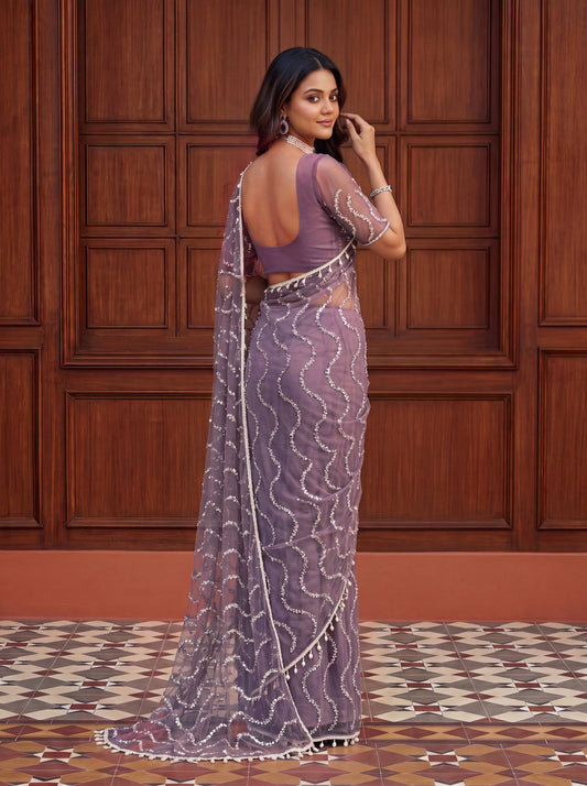 Net Bidds sequence pearls Embroidery Work Saree