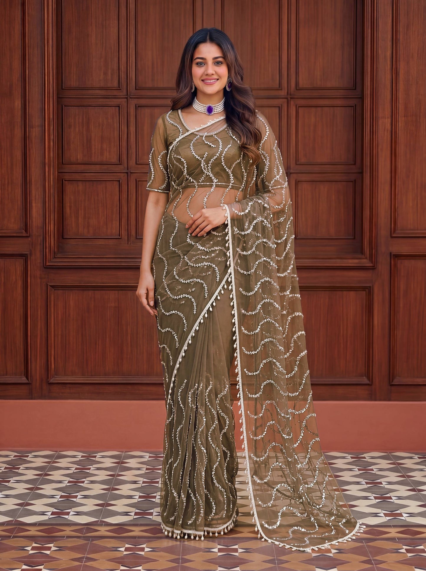 Net Bidds sequence pearls Embroidery Work Saree