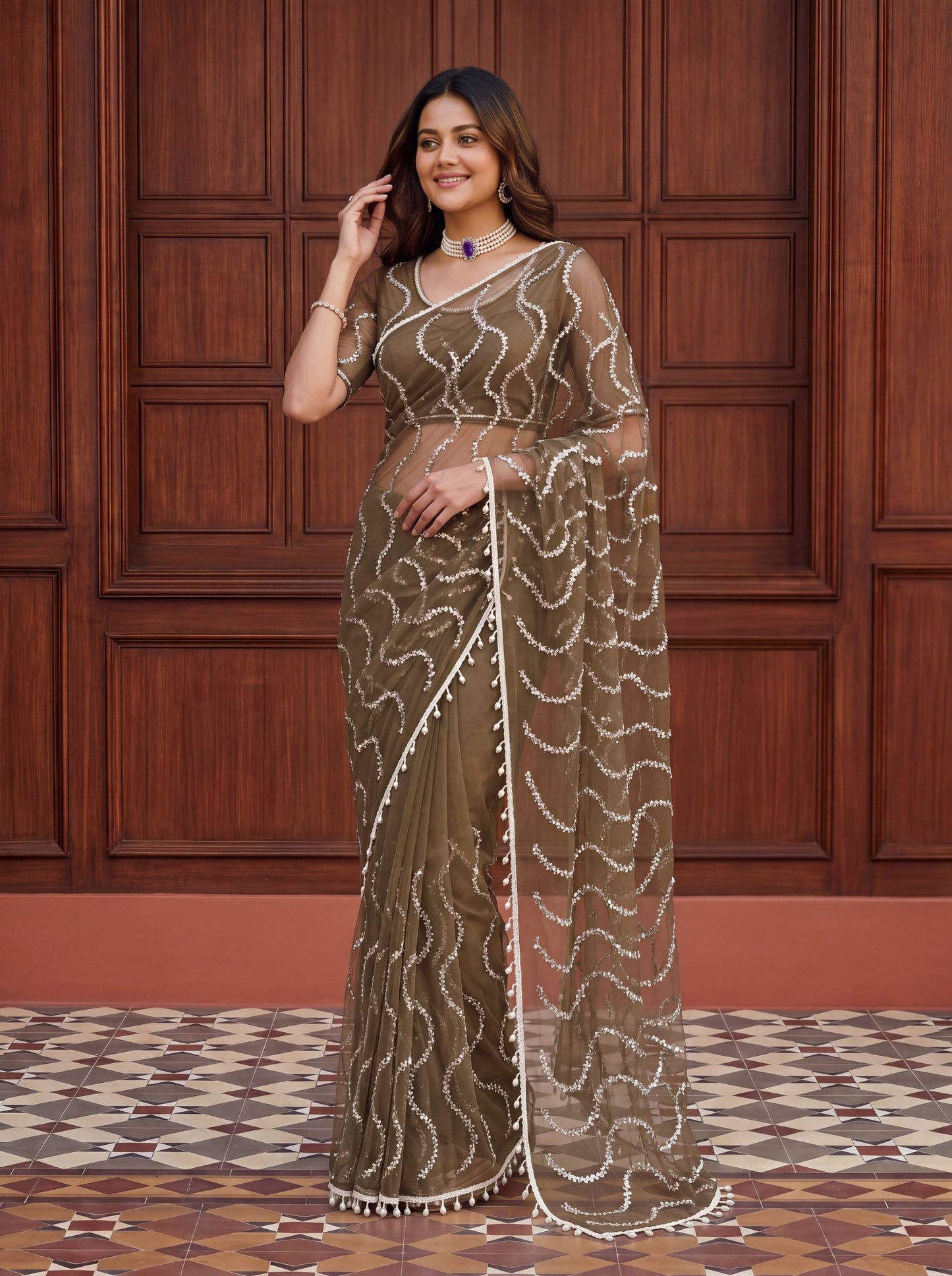 Net Bidds sequence pearls Embroidery Work Saree