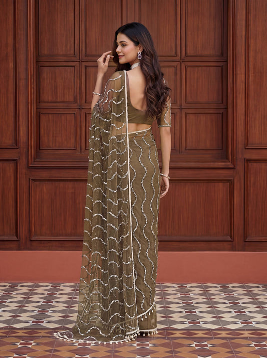 Net Bidds sequence pearls Embroidery Work Saree