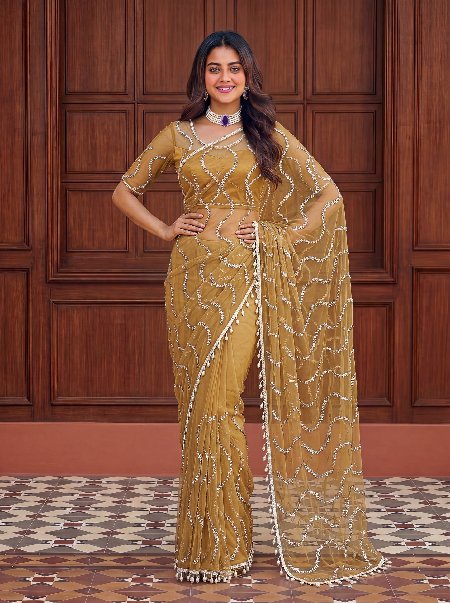 Net Bidds sequence pearls Embroidery Work Saree