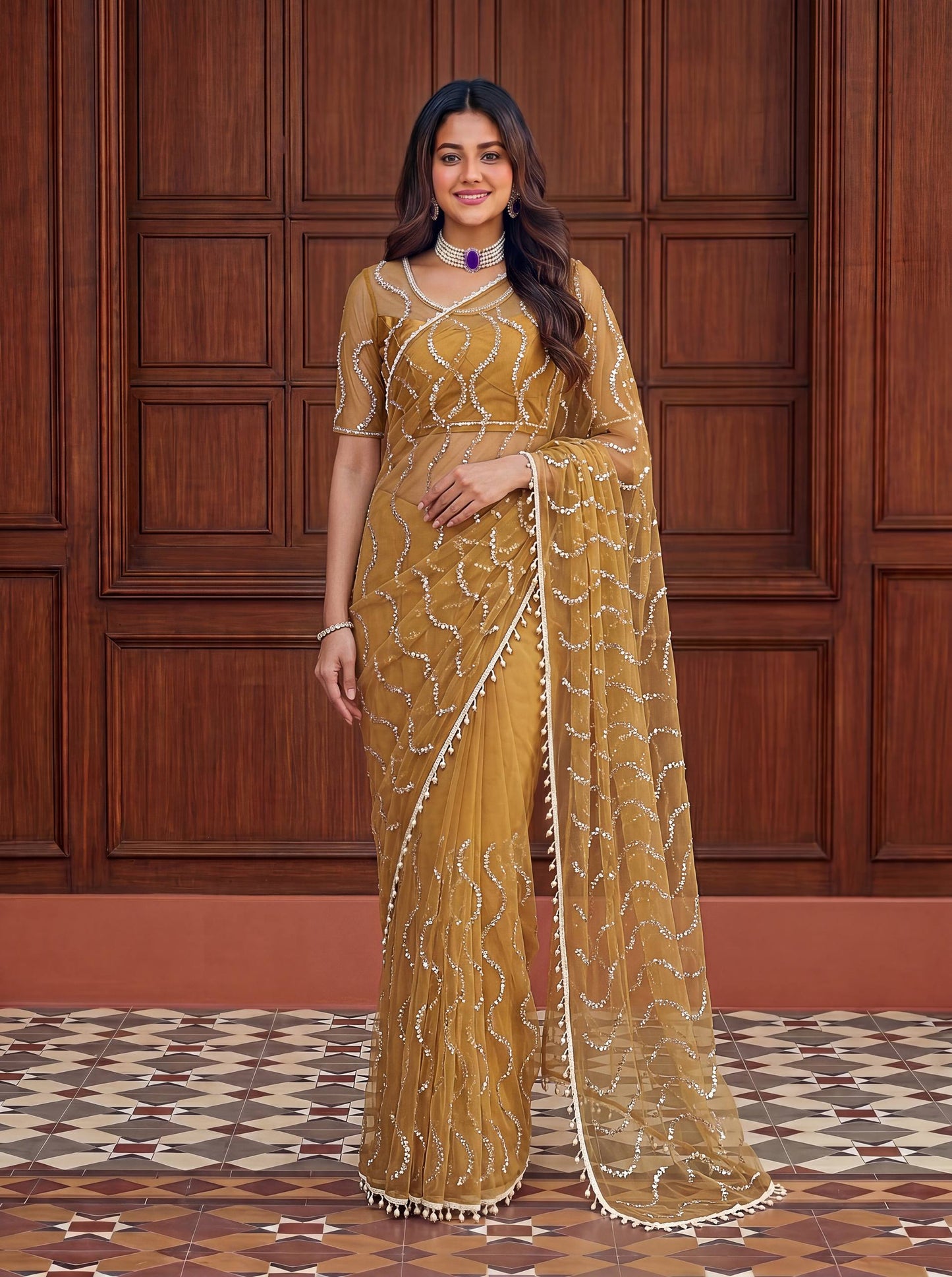 Net Bidds sequence pearls Embroidery Work Saree