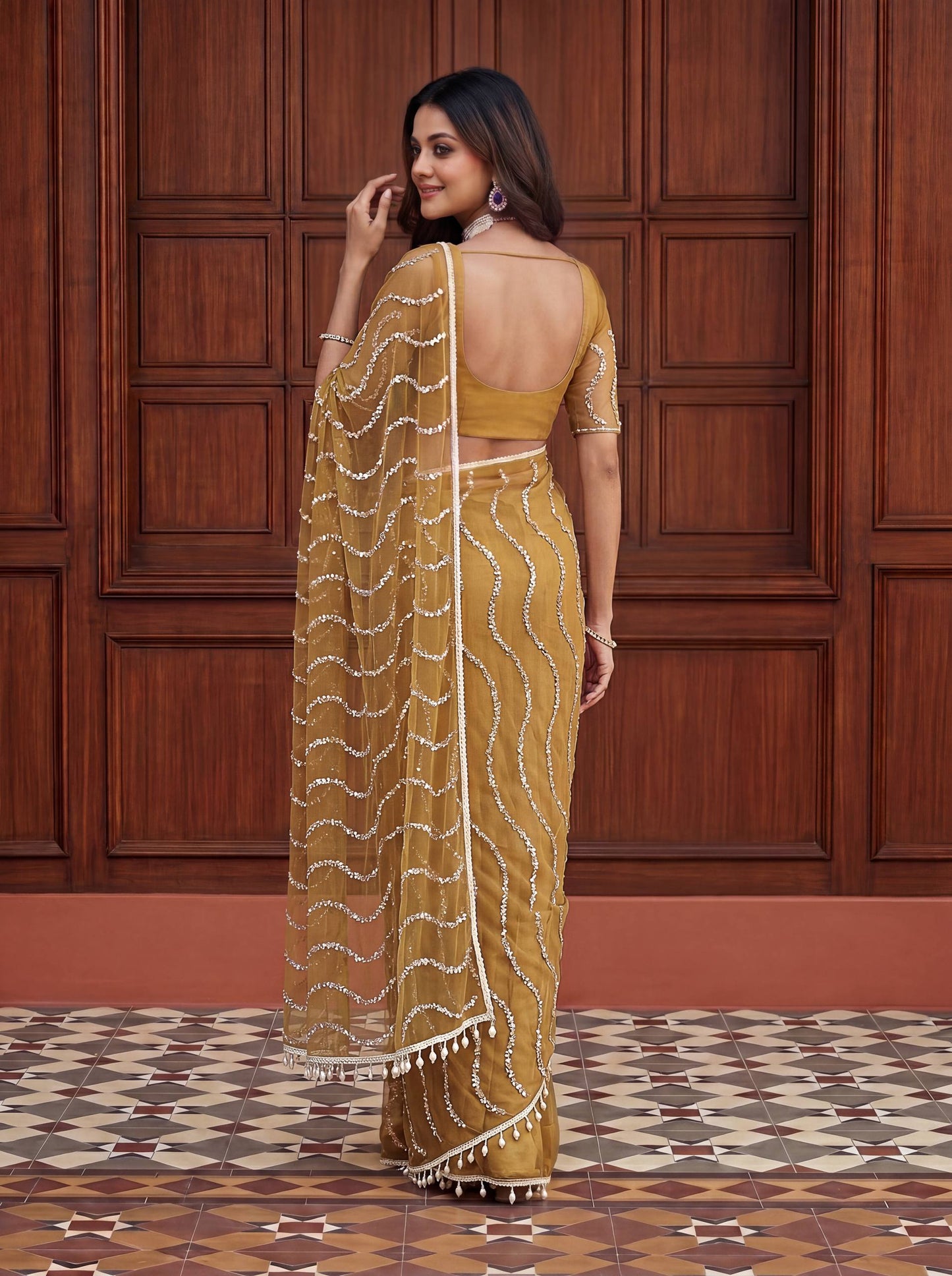 Net Bidds sequence pearls Embroidery Work Saree