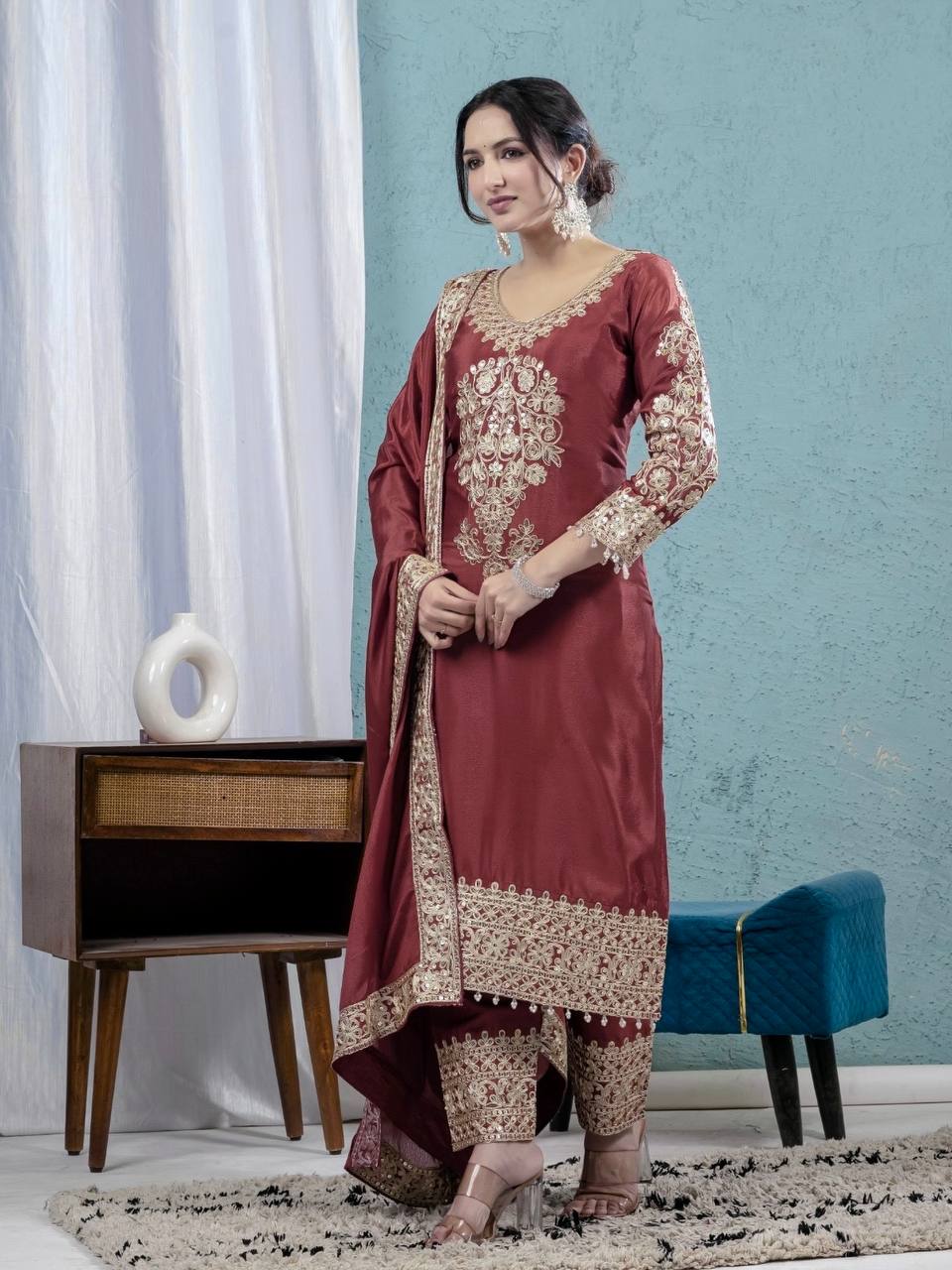 Pure Heavy Chinnon Silk With *Heavy Embroidery Coding Suit