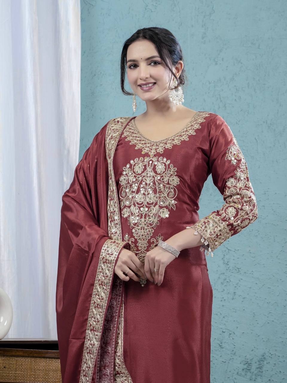 Pure Heavy Chinnon Silk With *Heavy Embroidery Coding Suit