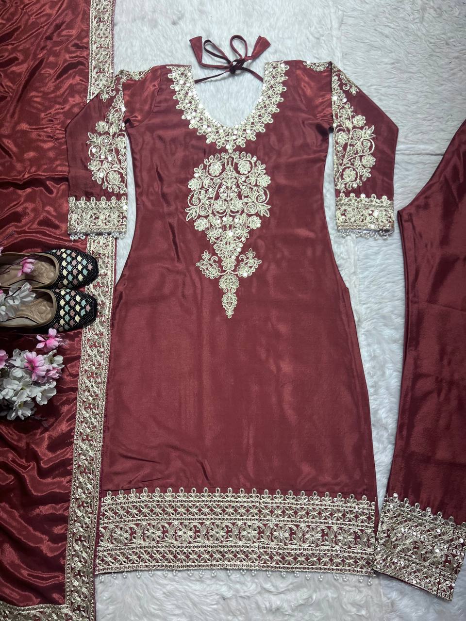Pure Heavy Chinnon Silk With *Heavy Embroidery Coding Suit