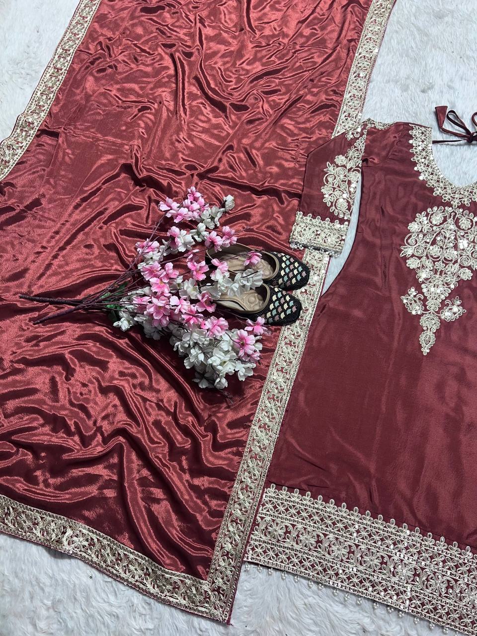 Pure Heavy Chinnon Silk With *Heavy Embroidery Coding Suit
