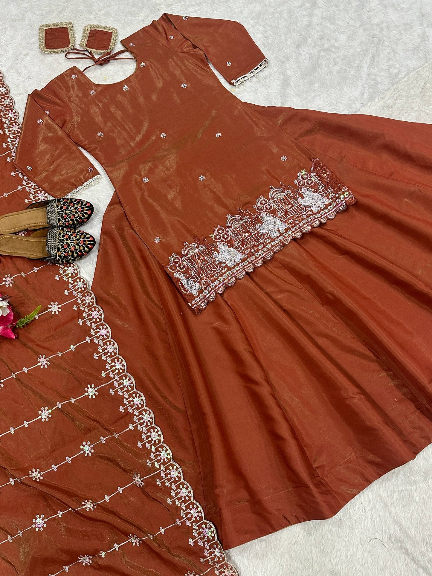 Simmer Silk Bids Hand Work With Sequence Multi Needle Embroidery Work Sharara