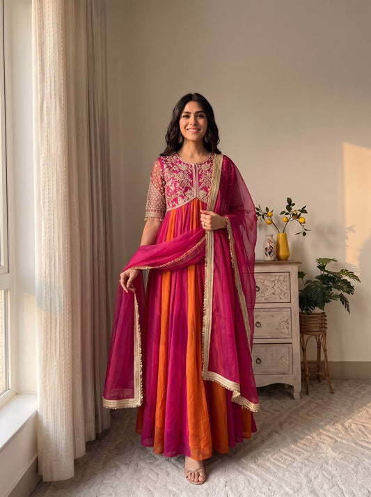 Pur Nc Moss Sillk With Embroidery Bids Work With Sleeve With Tassels