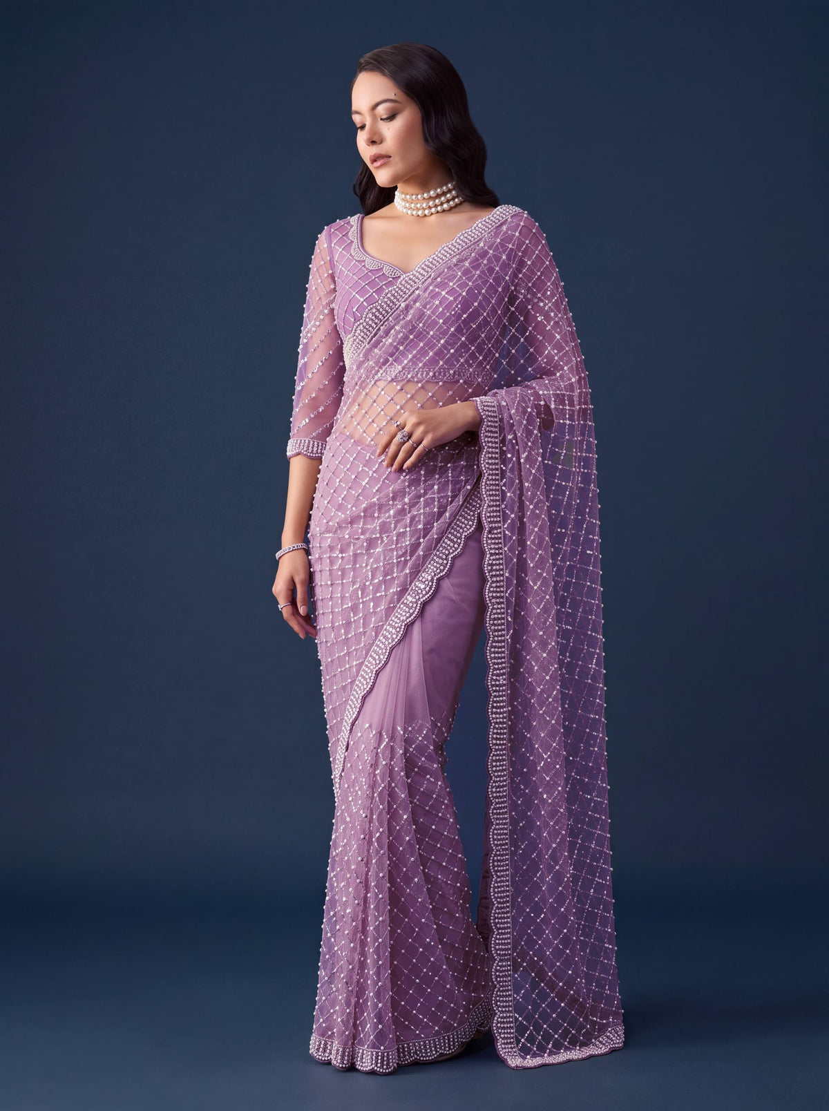 Net Intricately Bidds handwork embroidered saree