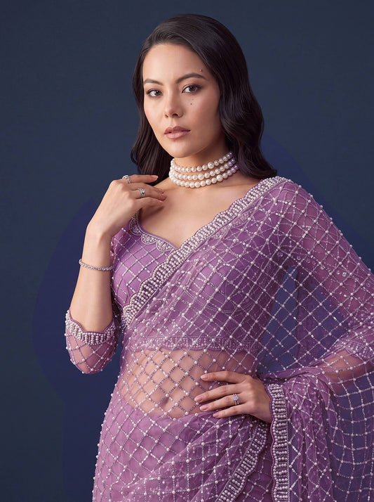 Net Intricately Bidds handwork embroidered saree
