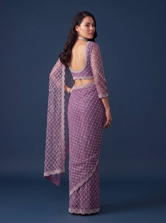 Net Intricately Bidds handwork embroidered saree