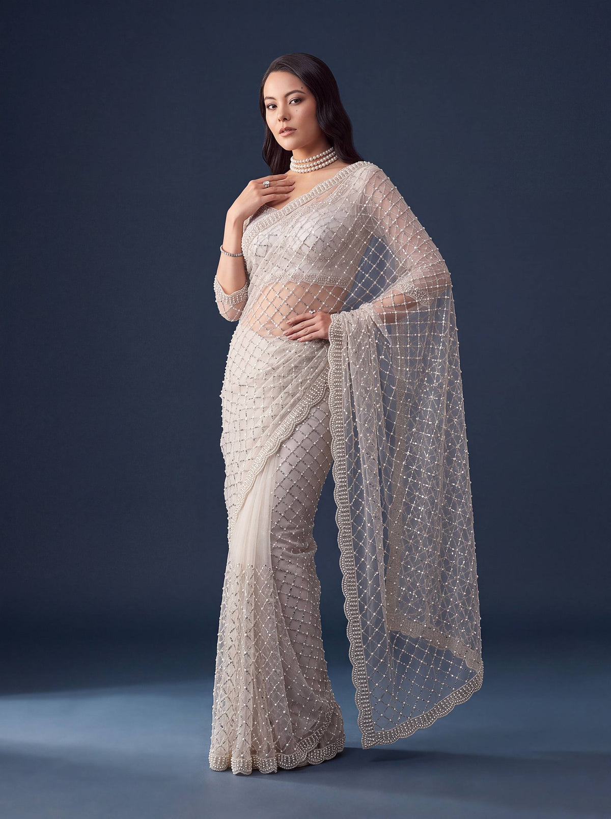 Net Intricately Bidds handwork embroidered saree