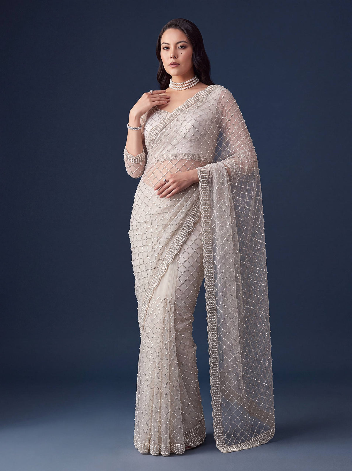 Net Intricately Bidds handwork embroidered saree
