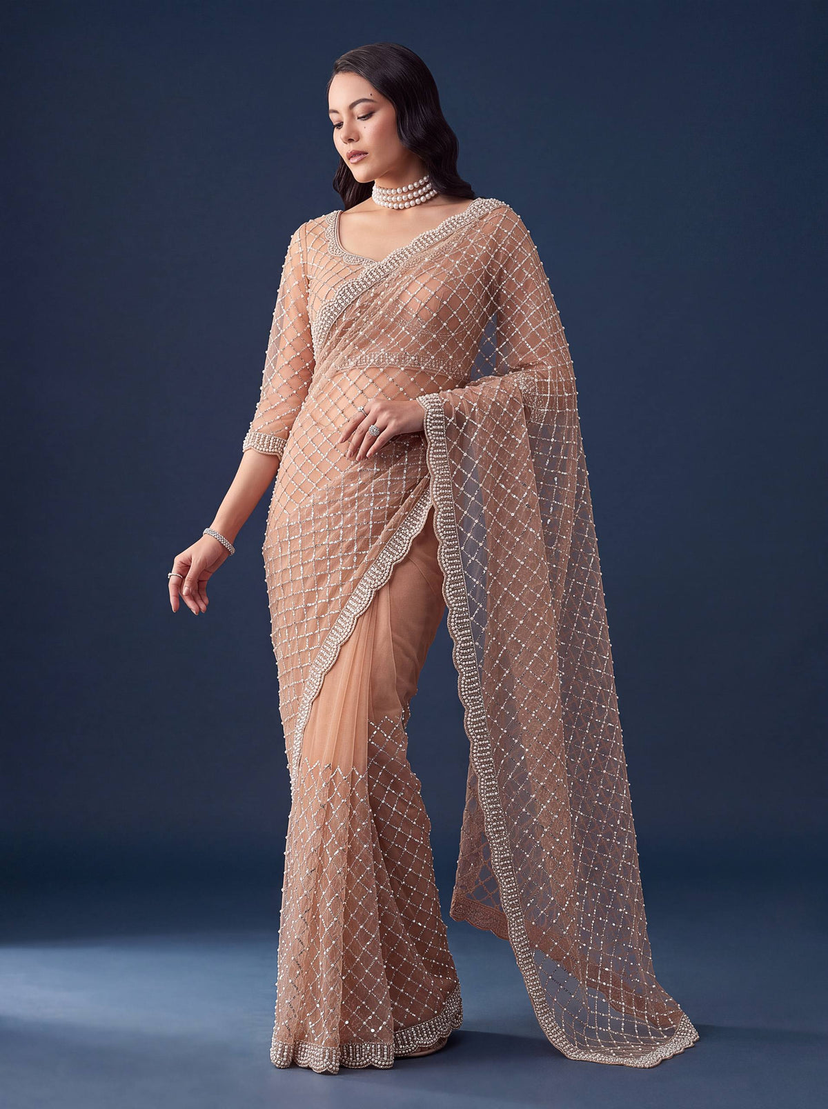Net Intricately Bidds handwork embroidered saree