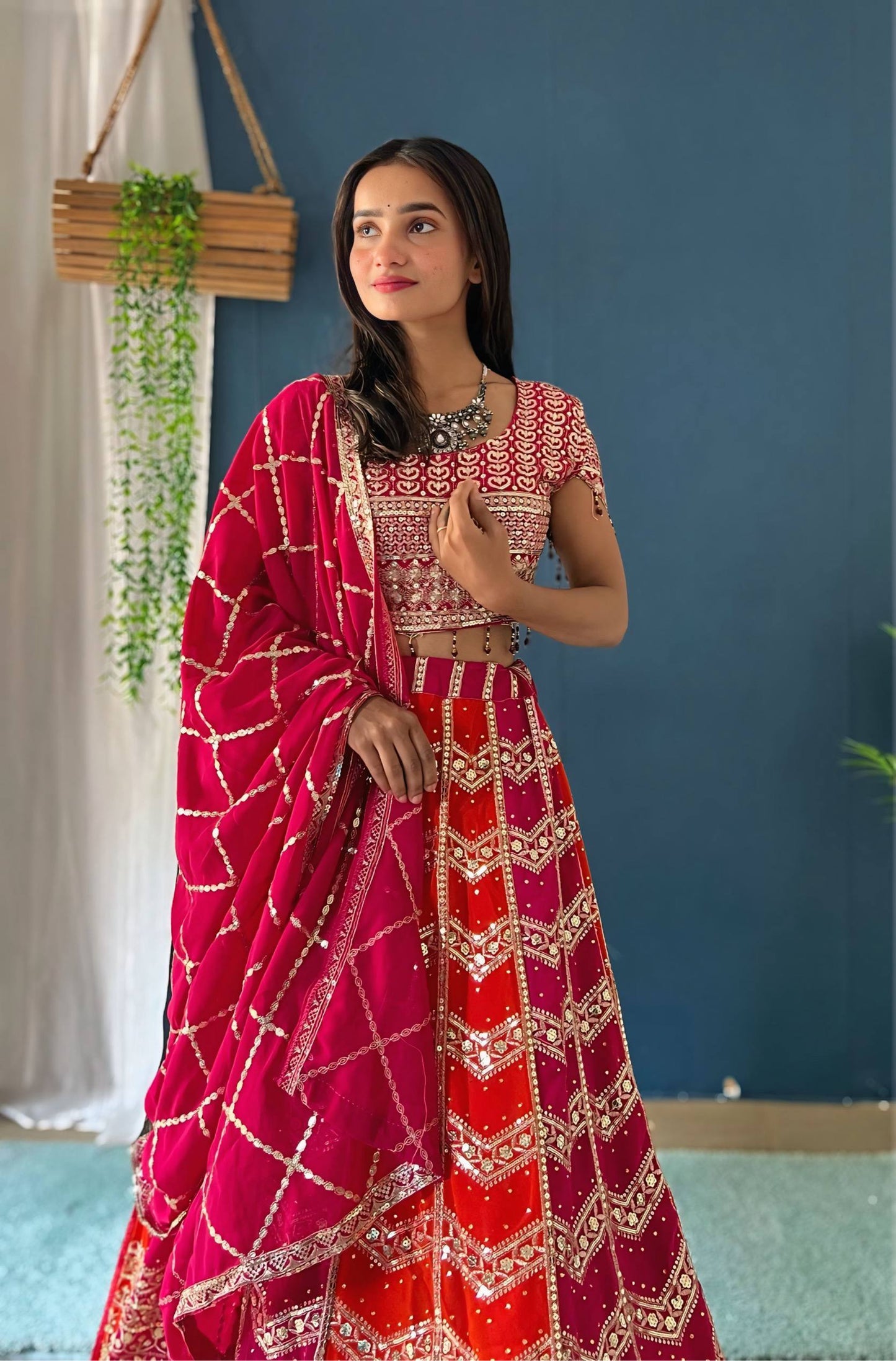 Faux Georgeet Sequins and Zari Embroidery Work And Stone Work Lehenga