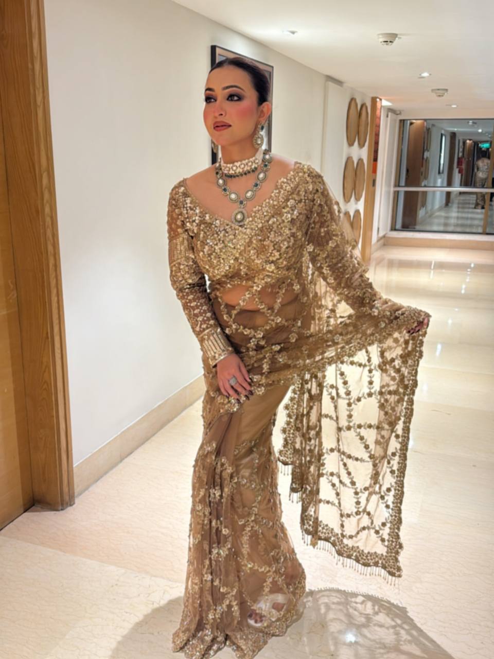 Soft net Beautiful sequins and Zari Embroidery Work saree